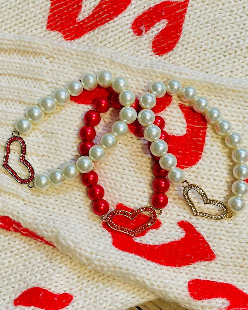 White Pearl or Red Pearl Rhinestone Heart Stretch Bracelet
