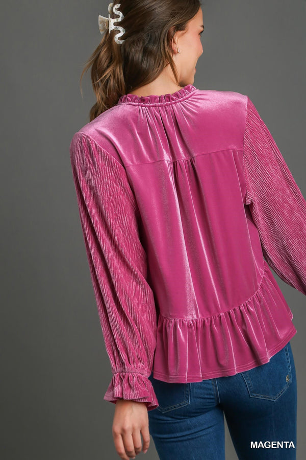 Plus Size Ribbed Sleeve Pink Velvet Front Tie Long Ruffle Bubble Sleeve Top