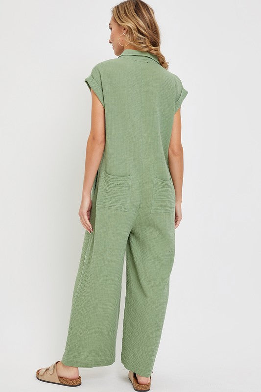 Green Gauze Short Cap Sleeve Button Front Pocket Jumpsuit