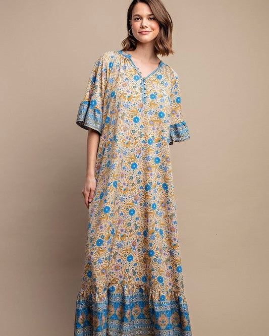 Bohemian Blue with Pink Floral Long Maxi Style Boho Dress