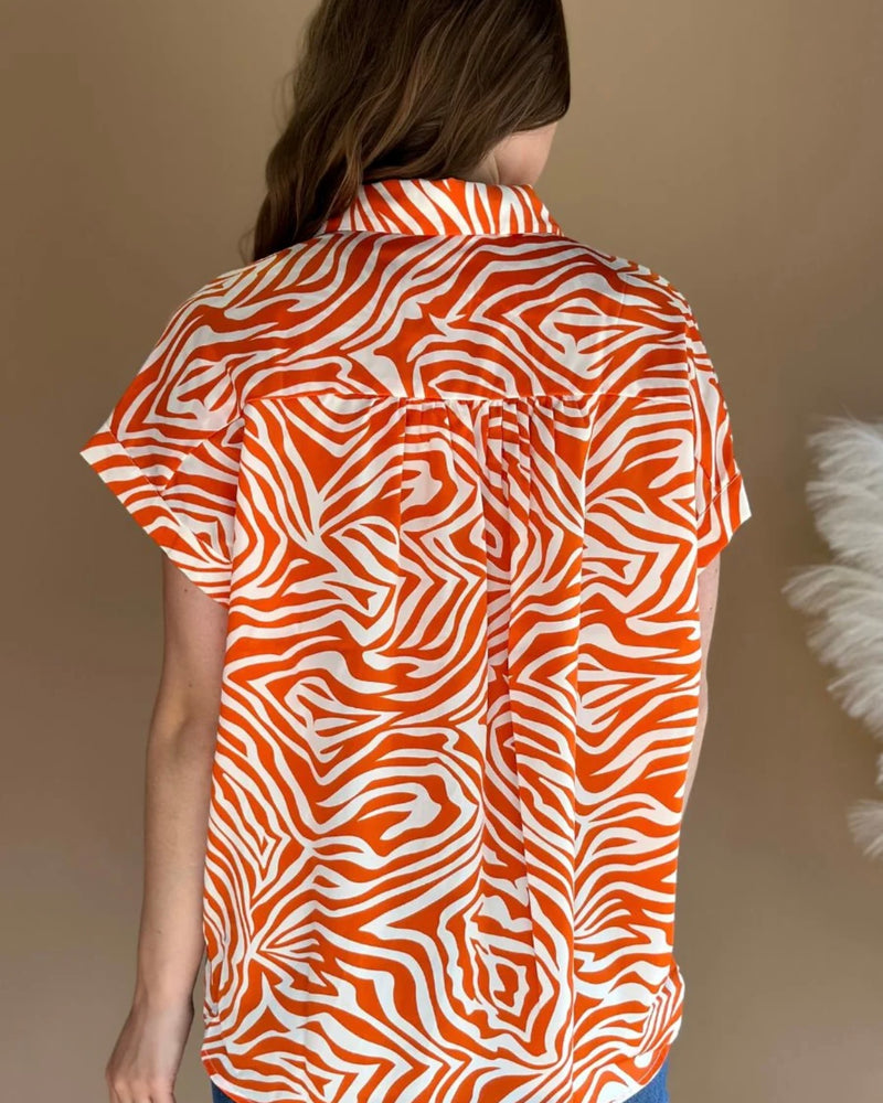 Orange & White Tiger Zebra Print Blissful Break Button Up Short Sleeve Top