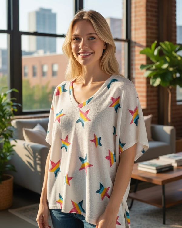 White Sweater with Multicolor Rainbow Stars Boxy Soft Light Knit Sweater Top