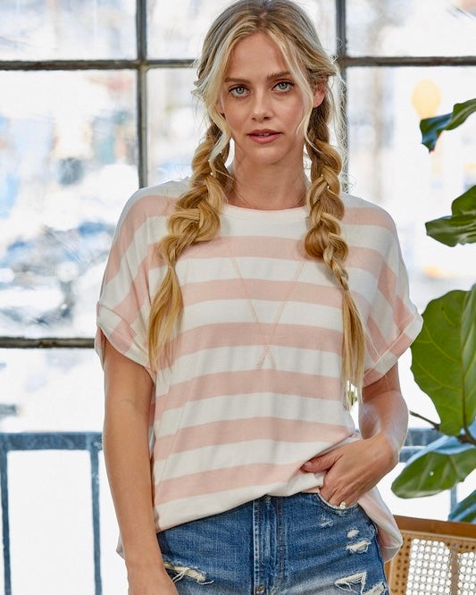 Pink & White Bold Oakley Stripe Short Sleeve Top