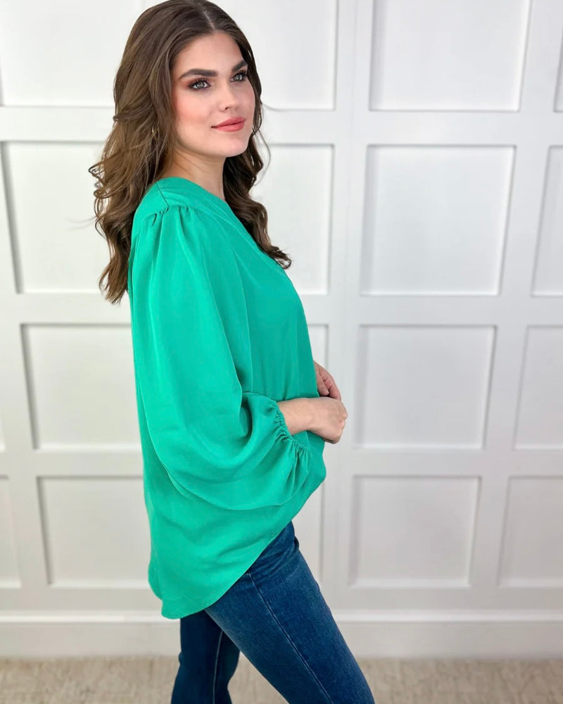 Plus Size Teal Green or Coral Jamie Long Balloon Sleeve VNeck Top