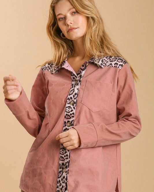 Velvet Leopard Collared Faux Suede Button Down Long Sleeve Shirt Jacket