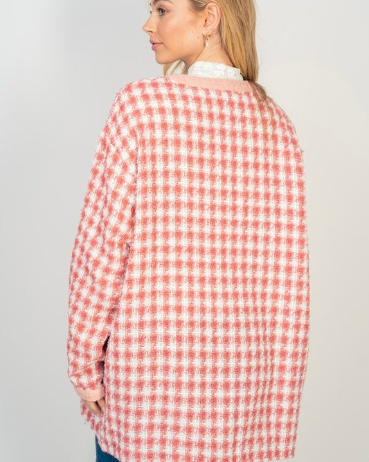 Pink & White Houndstooth Woven Long Sleeve Button Front Jacket