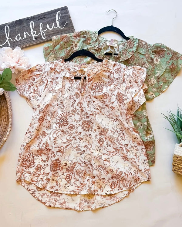 Sage Green & Rust Floral Print Short Ruffle Sleeve Tie Neck Top