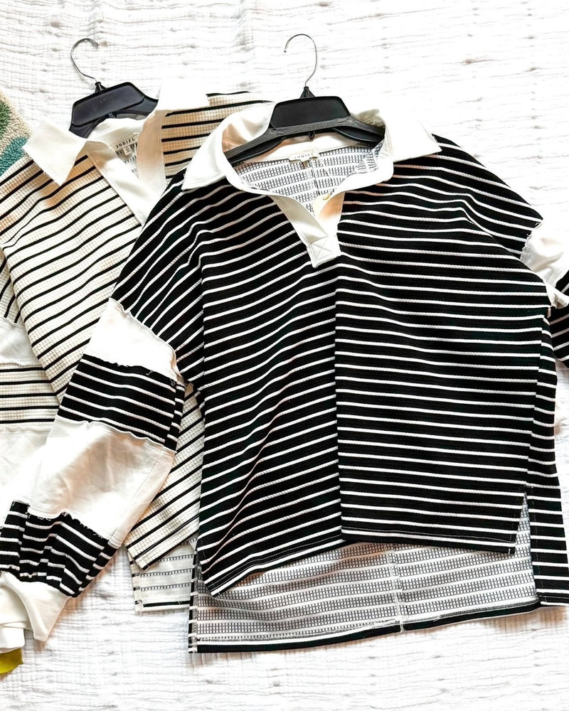 Contrasting Stripe Cut Raw Edge Block Long Sleeve Open Neck Pullover Collared Pullover Top