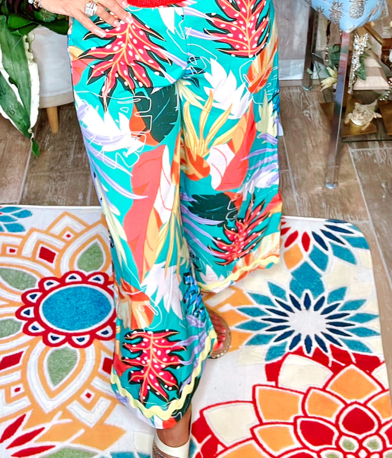 Bright Hot Pink or Green Multicolor Ric Rac Tropical Wide Leg Elastic Waist Pants