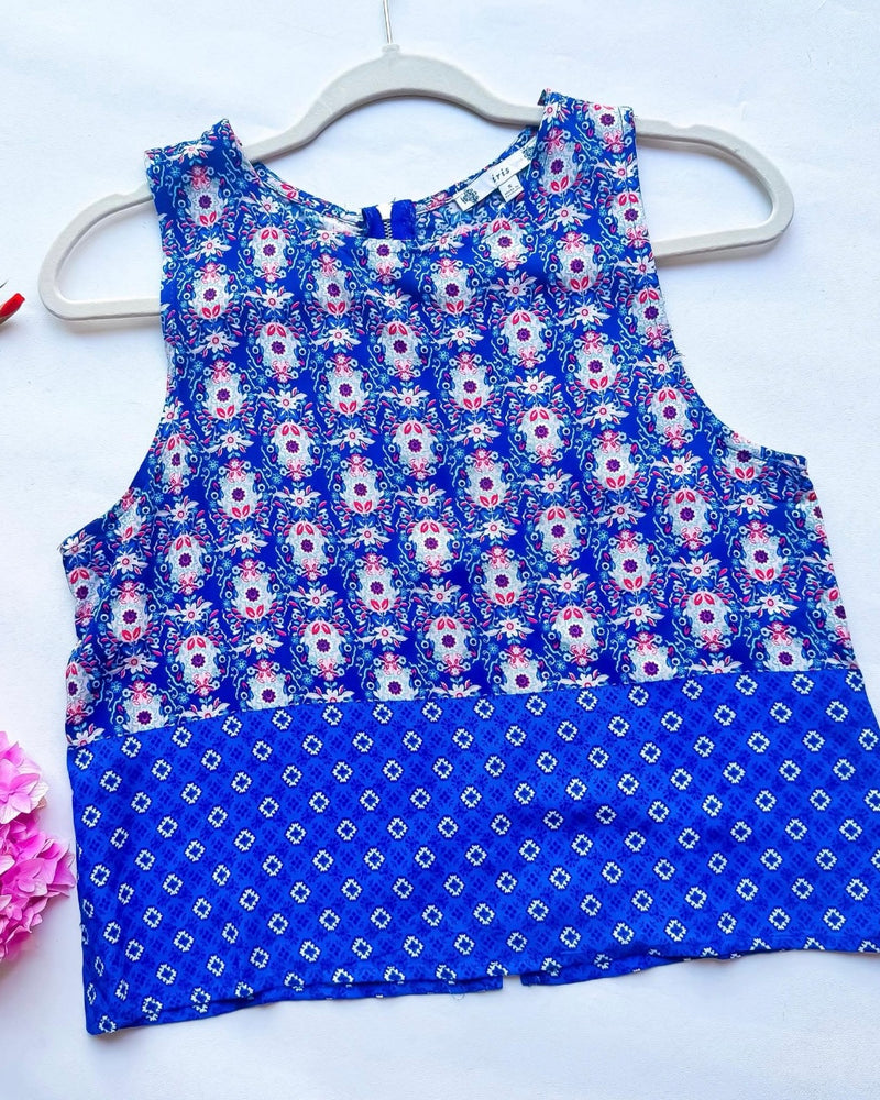 Blue Floral Mix Media Sleeveless Zip Tank Top