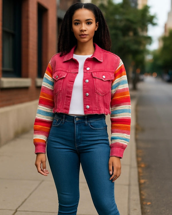 Red Denim Crop Jacket w/Multicolor Long Sleeve Sweater Sleeves