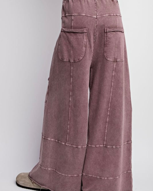 Pink, Purple/Plum or Green Mineral Washed Terry Knit Wide Leg Cargo Lounge Pants