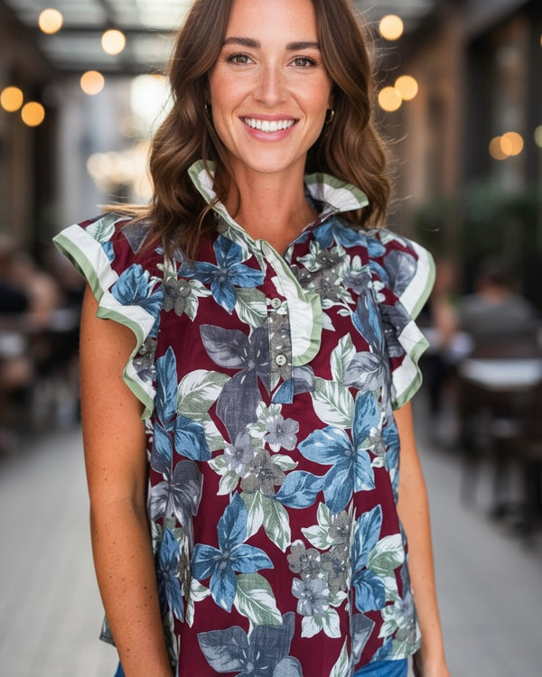 Brown Burgandy Wine & Green Floral Contrast Ruffle Edge Neck and Ruffle Cap Sleeve
