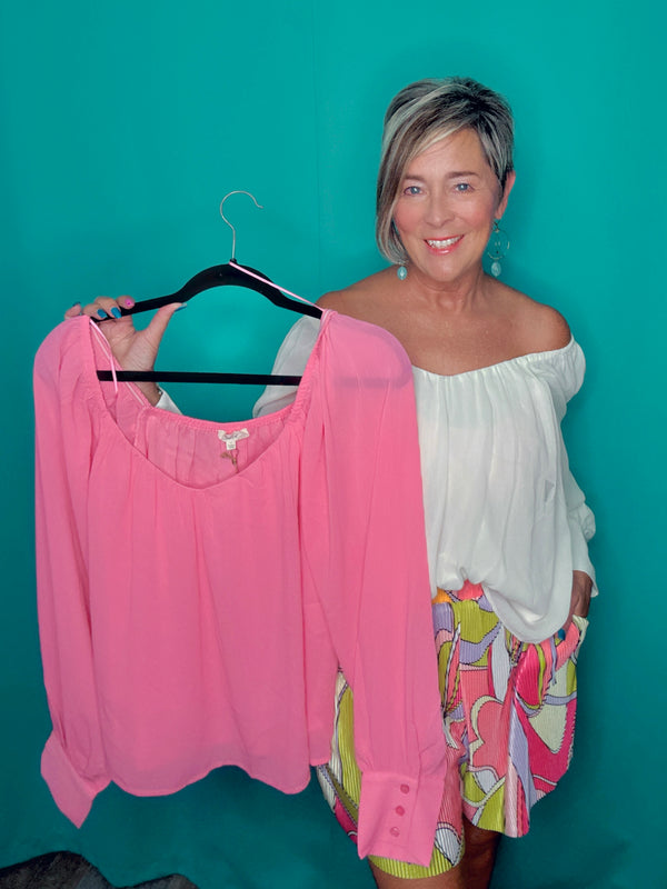 White or Pink Relaxed Fit Long Button Cuff Sleeve Elastic Neck Chiffon Blouse