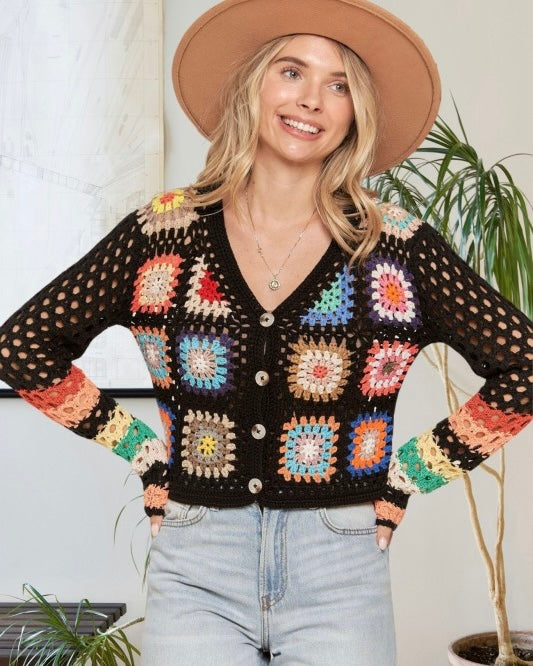 Black Multicolor Crochet Knit Long Sleeve Button Down Cardigan
