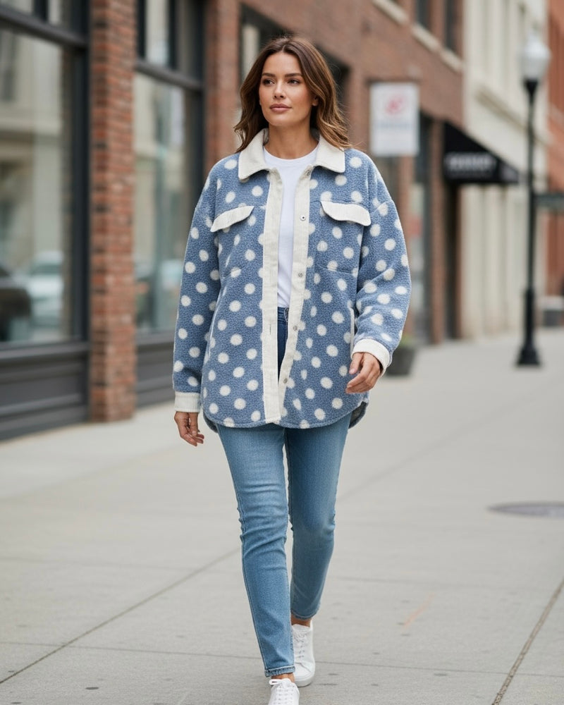 Polka Dot Sherpa Button Front Long Sleeve Collared Shacket Jacket