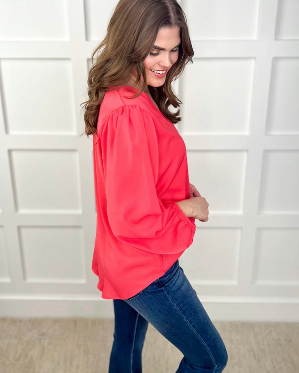 Coral Jamie Long Balloon Sleeve VNeck Top