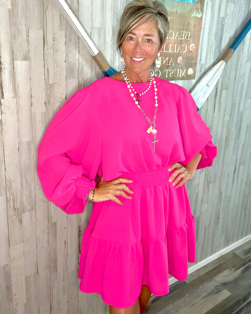 Hot Pink Smocked Long Sleeve Tiered Mid Dress