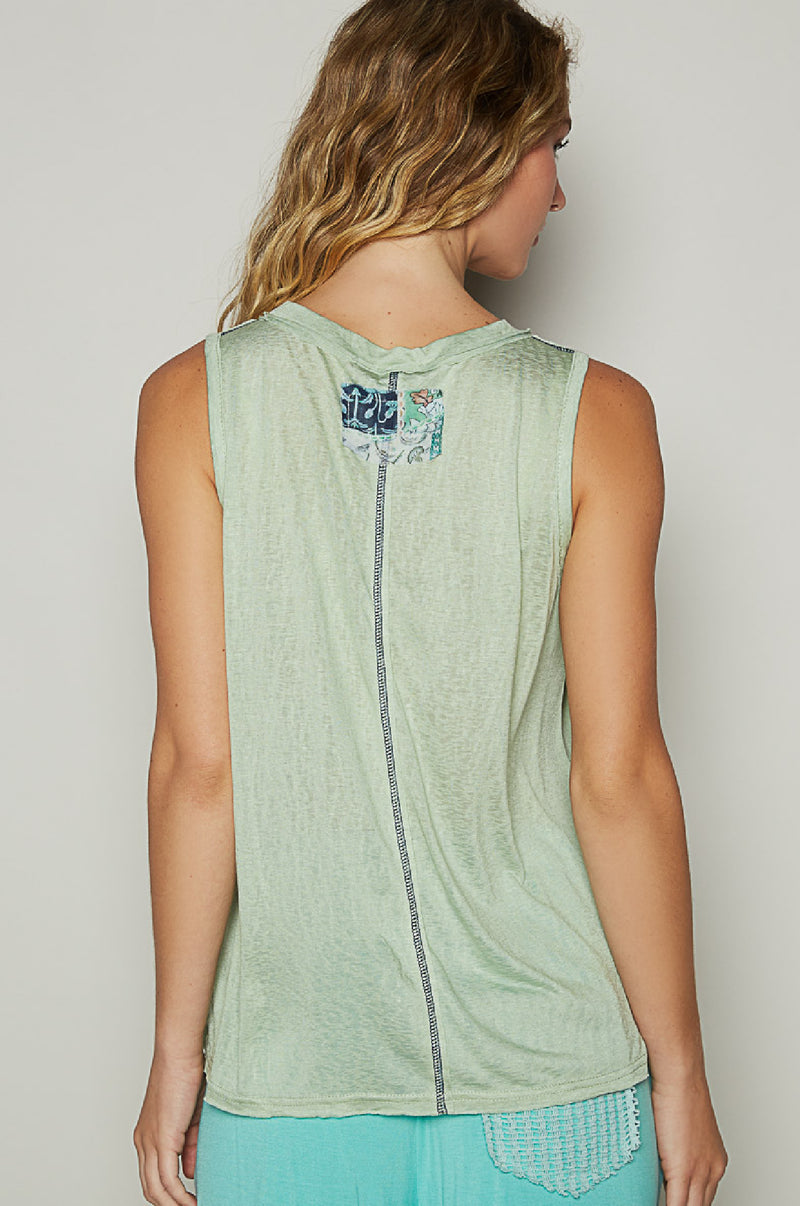 Solid Sage Green Boho Sleeveless Tank Front Pocket Tshirt Top