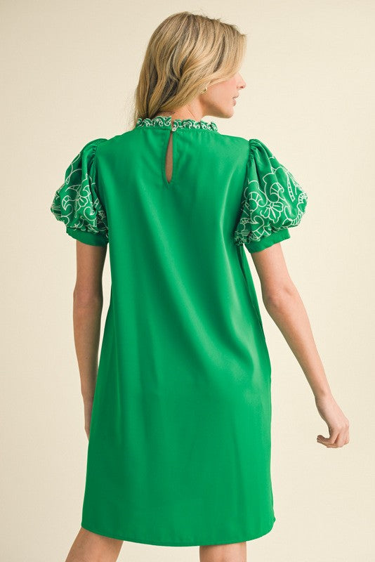Solid Green Short Puff Embroidery Sleeve Dress