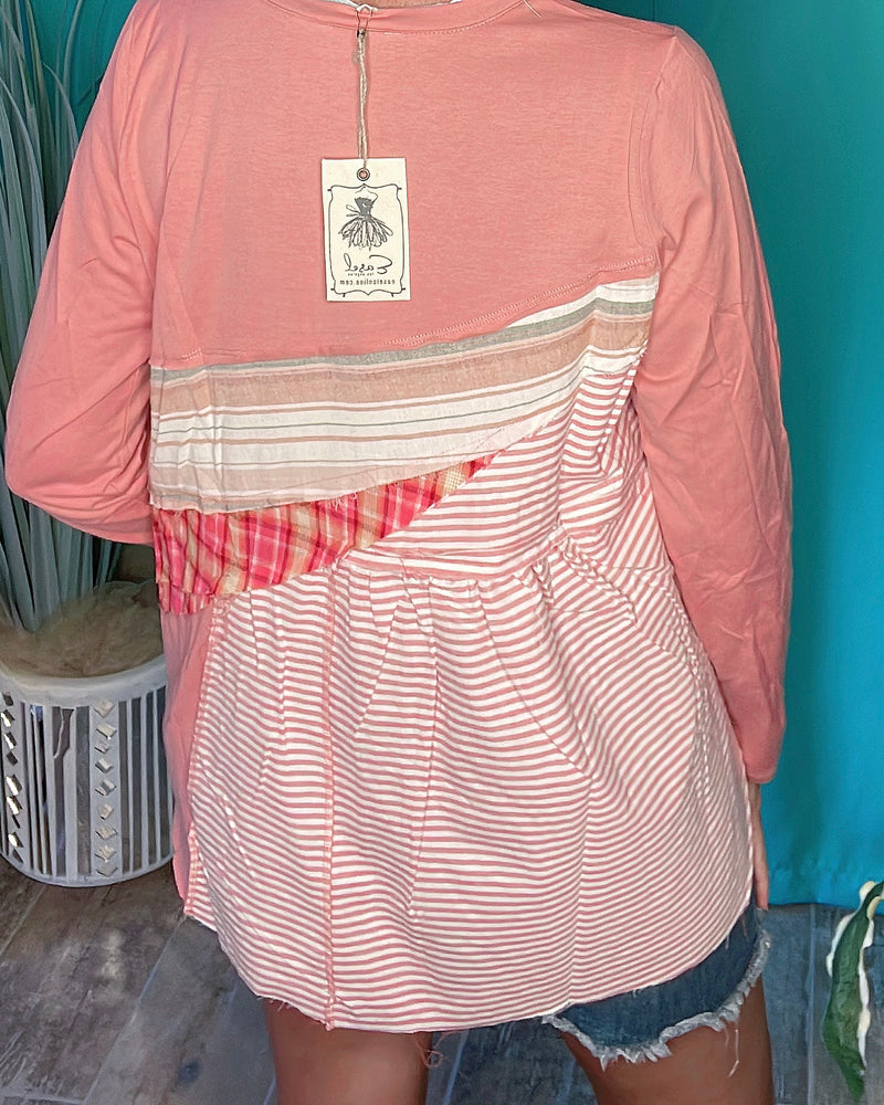 Boho Terra Cotta Coral Mauve Mix Media Fabrics Plaid and Stripe Mix Long Sleeve Top