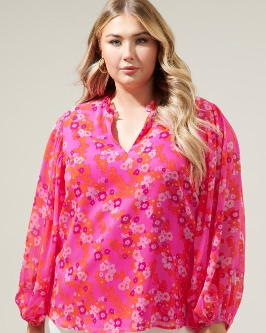 Plus Size Pink & Red Floral Ruffle Open Neck Long Balloon Sleeve Blouse Top