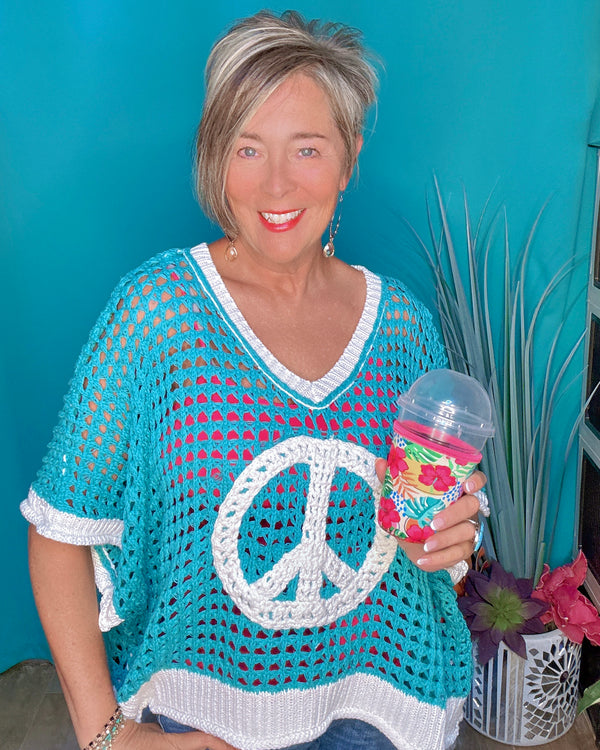 Turquoise & White Peace Short Sleeve Hollow Out Top