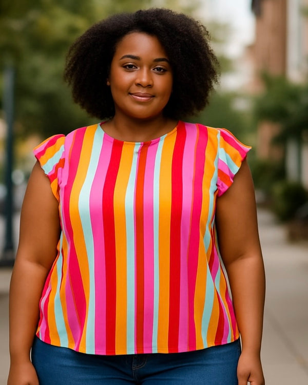 Plus Size Bold Multicolor Orange, Purple, Blue, Red Vertical Striped Ruffle Cap Sleeve Top