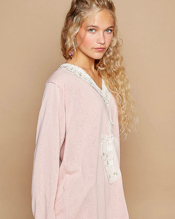 Light Pink Blush Boho Patch Long Sleeve Oversized VNeck Top