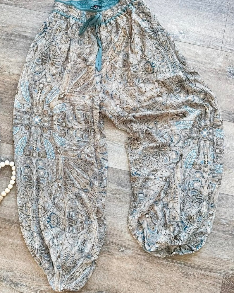 Bohemian Brown Multi Graphic Elastic Drawstring Waist Full Leg Pant