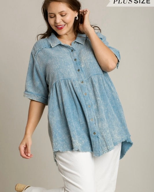 Curvy Girl Blue or Pink Button Down Babydoll Style Short Sleeve Top