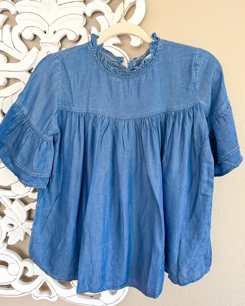 Blue Soft Denim Double Ruffle Short Sleeve Babydoll Top