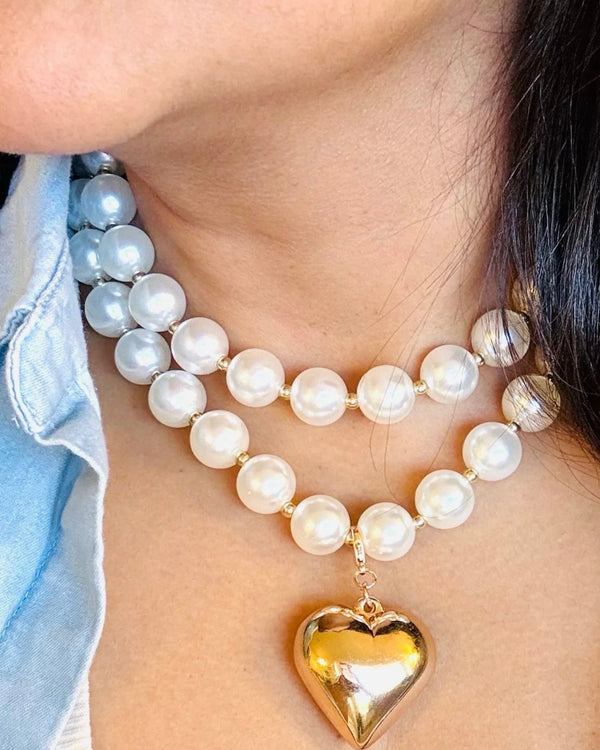 Double Pearl Beaded Chunky Short Necklace with Gold Heart Pendant