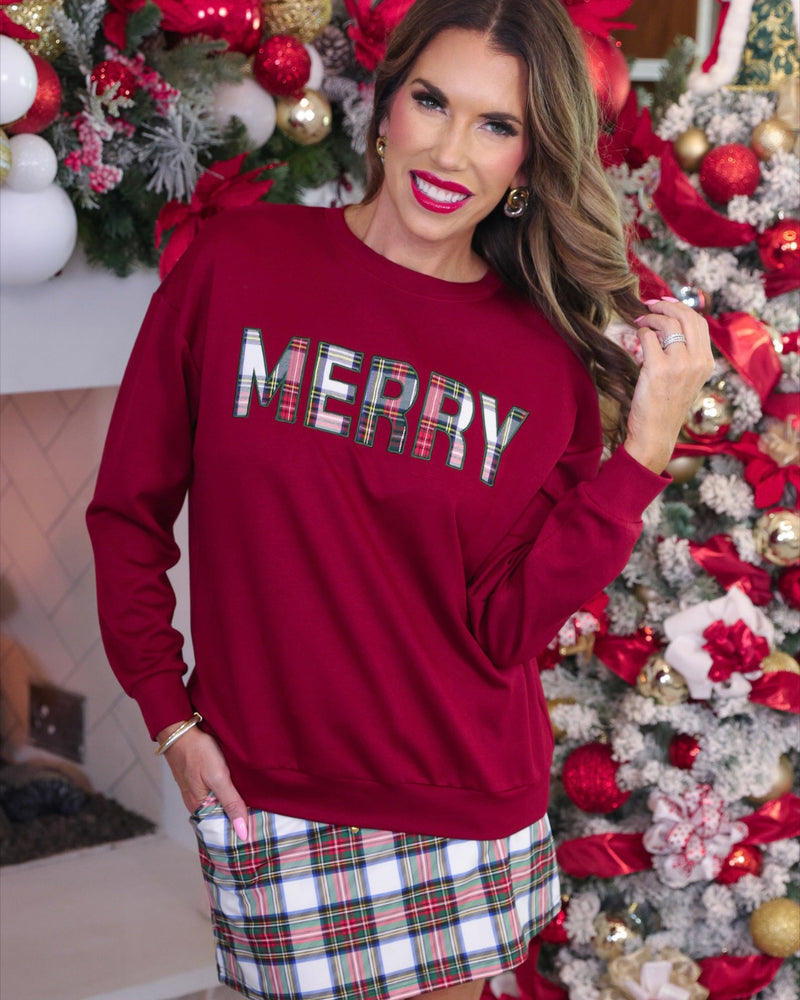 Burgandy Maroon "Merry" Plaid Luxe Long Sleeve Pullover Sweatshirt Top