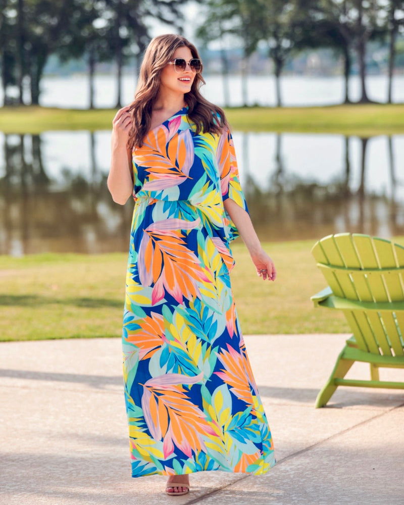 Beautiful Tropical Leaf Multi Color One Shoulder Maxi Dress