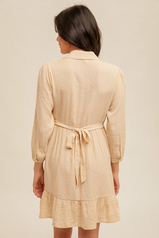 Khaki White Stripe Tie Waist Button Down 3/4 Sleeve Collared Dress