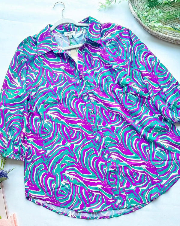 Purple & Teal Green Button Down 3/4 Sleeve Collared Blouse Top