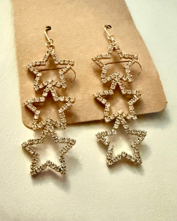 Triple Gold Rhinestone Star Dangle Earrings