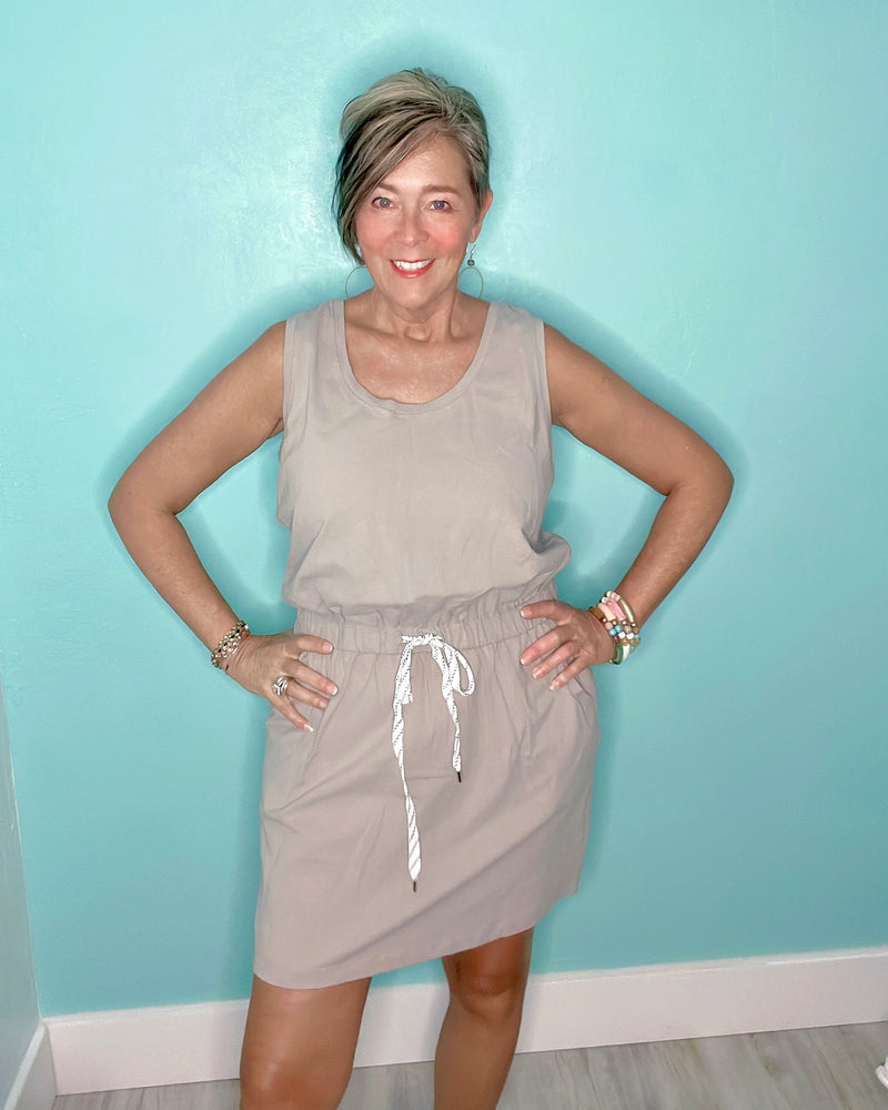 Gray Sleeveless Drawstring Waist Mini T-Shirt Dress