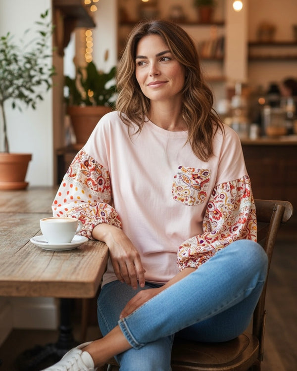 Cream, Peach or Yellow Cotton Outside Stitch Dot/Floral Jersey Top w/Mix Print Puff Long Sleeve
