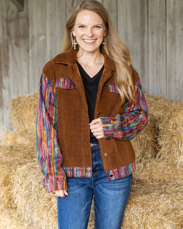 FALL Brown Sherpa Contrast Sleeve Button Front Jacket