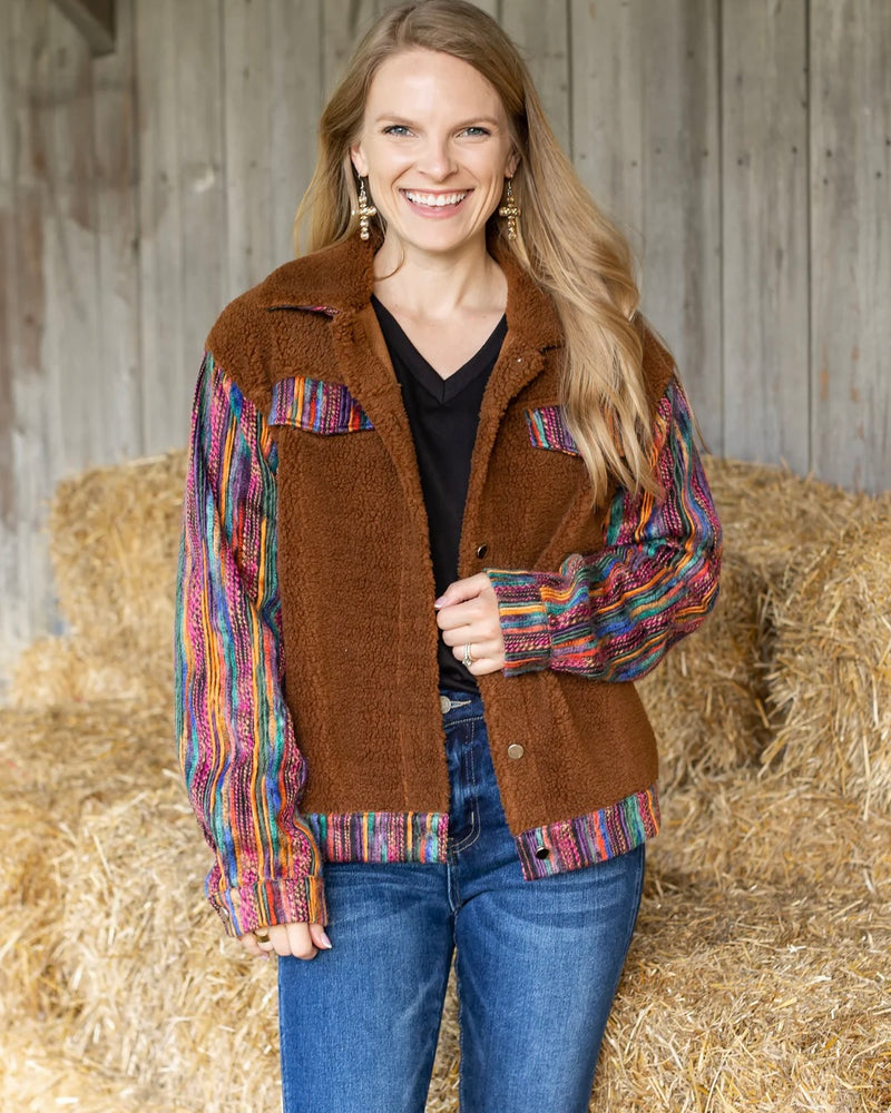 FALL Brown Sherpa Contrast Sleeve Button Front Jacket