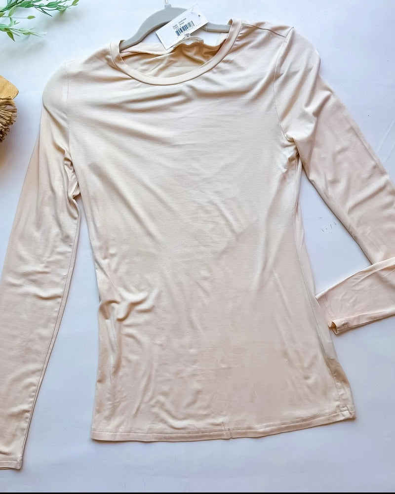 Cream Beige Basic Long Sleeve Crew Neck Pullover Top