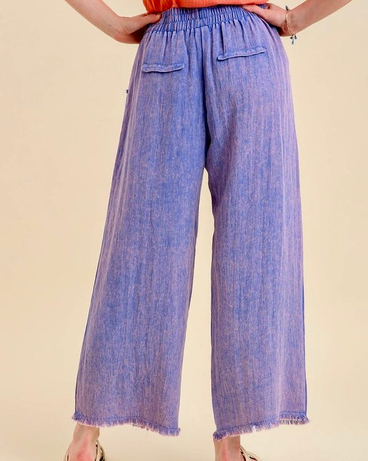 Mineral Wash Denim Blue Wide Leg Fray Hem Pants
