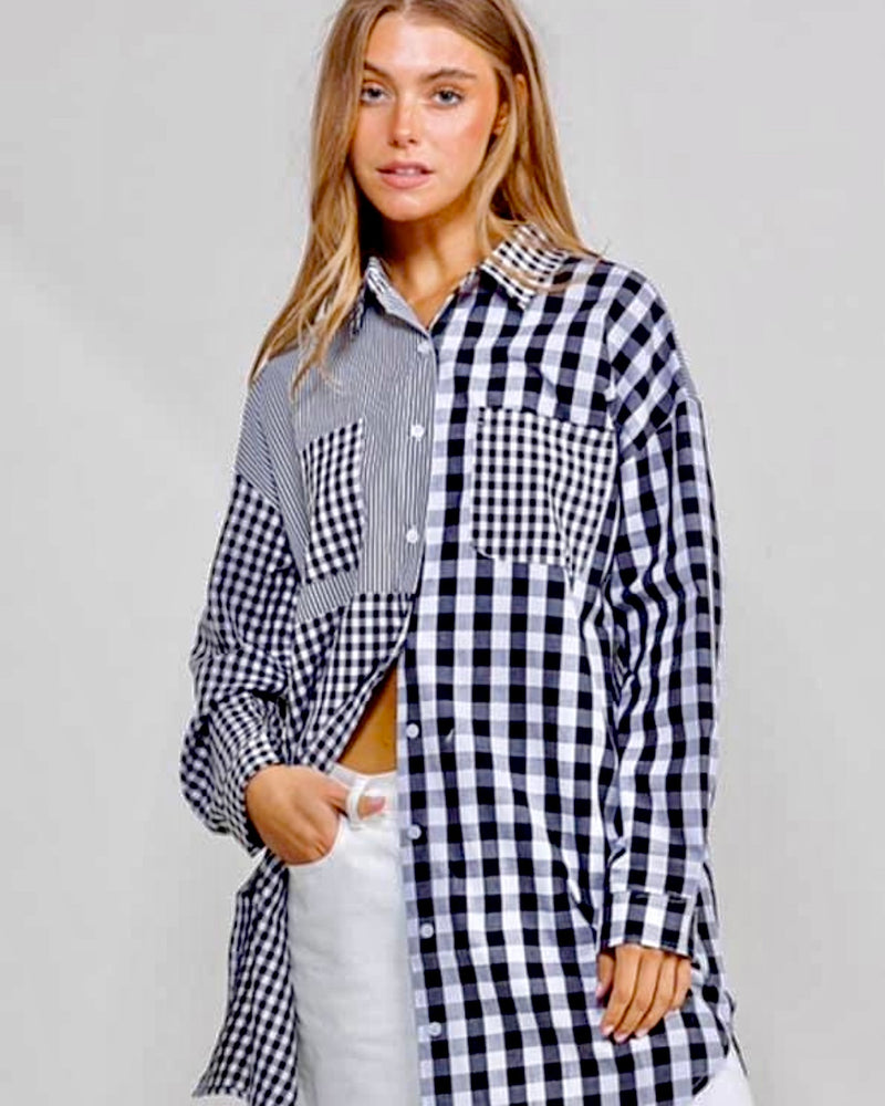 Black & White or Blue & White Mixed Plaid Button Front Long Sleeve Collared Tunic Shirt Dress