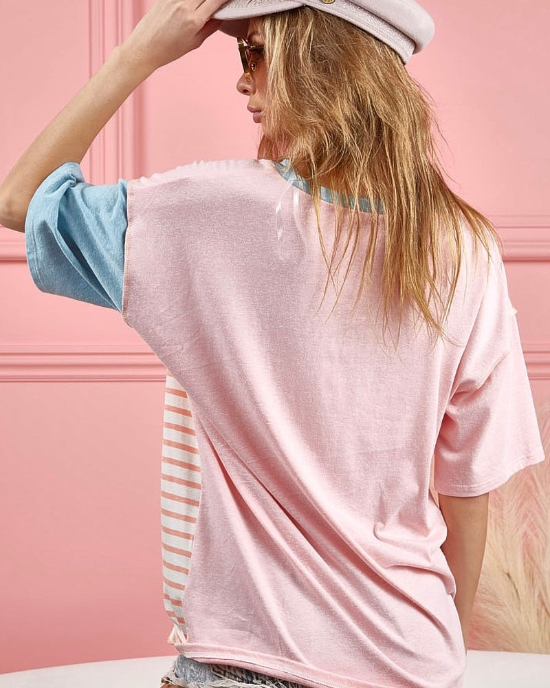 Light Pastel Pink & Blue Triblend Color Block Outside Stitch Button Tee Top