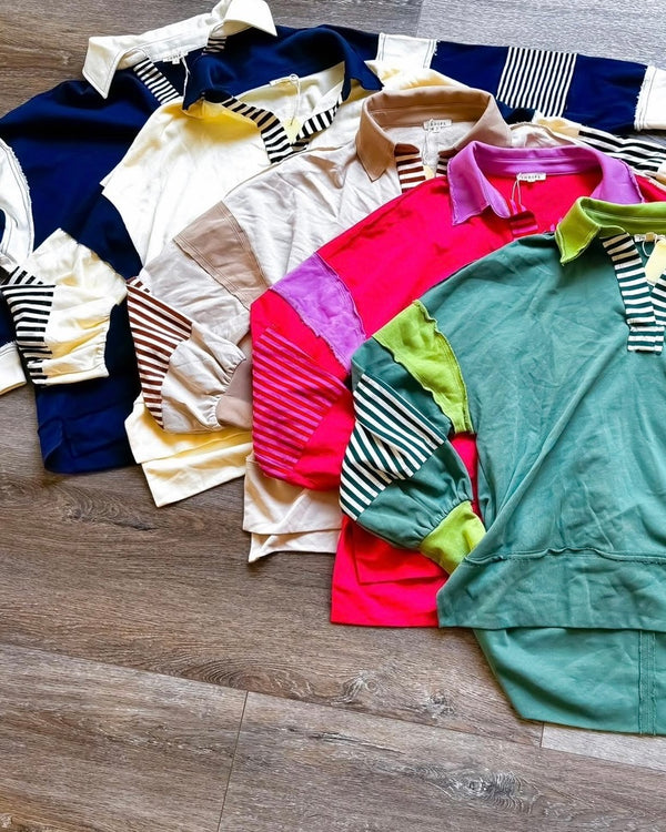 Contrasting Stripe Cut Raw Edge Hemline Long Sleeve Open Neck Pullover French Terry Collared Sweatshirt Top