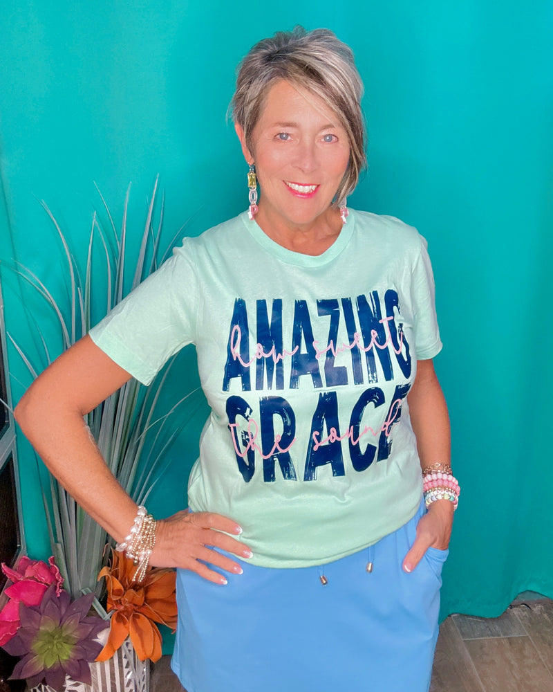 Mint Green "Amazing Grace How Sweet The Sound" Graphic Short Sleeve T-Shirt Top