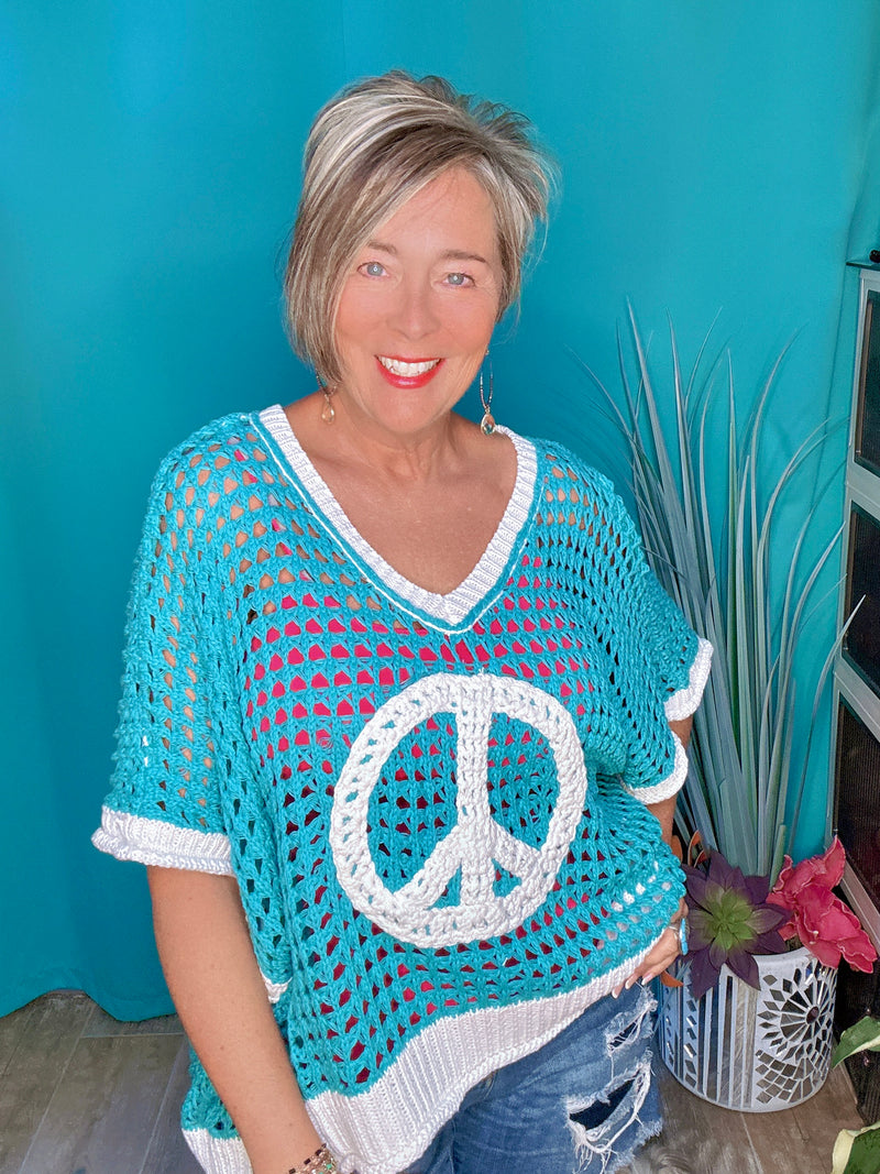 Turquoise & White Peace Short Sleeve Hollow Out Top