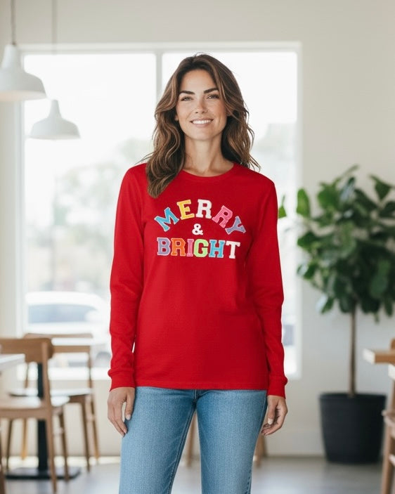 Plus Size Red "Merry & Bright" Patch Long Sleeve Christmas Holiday T-shirt Top